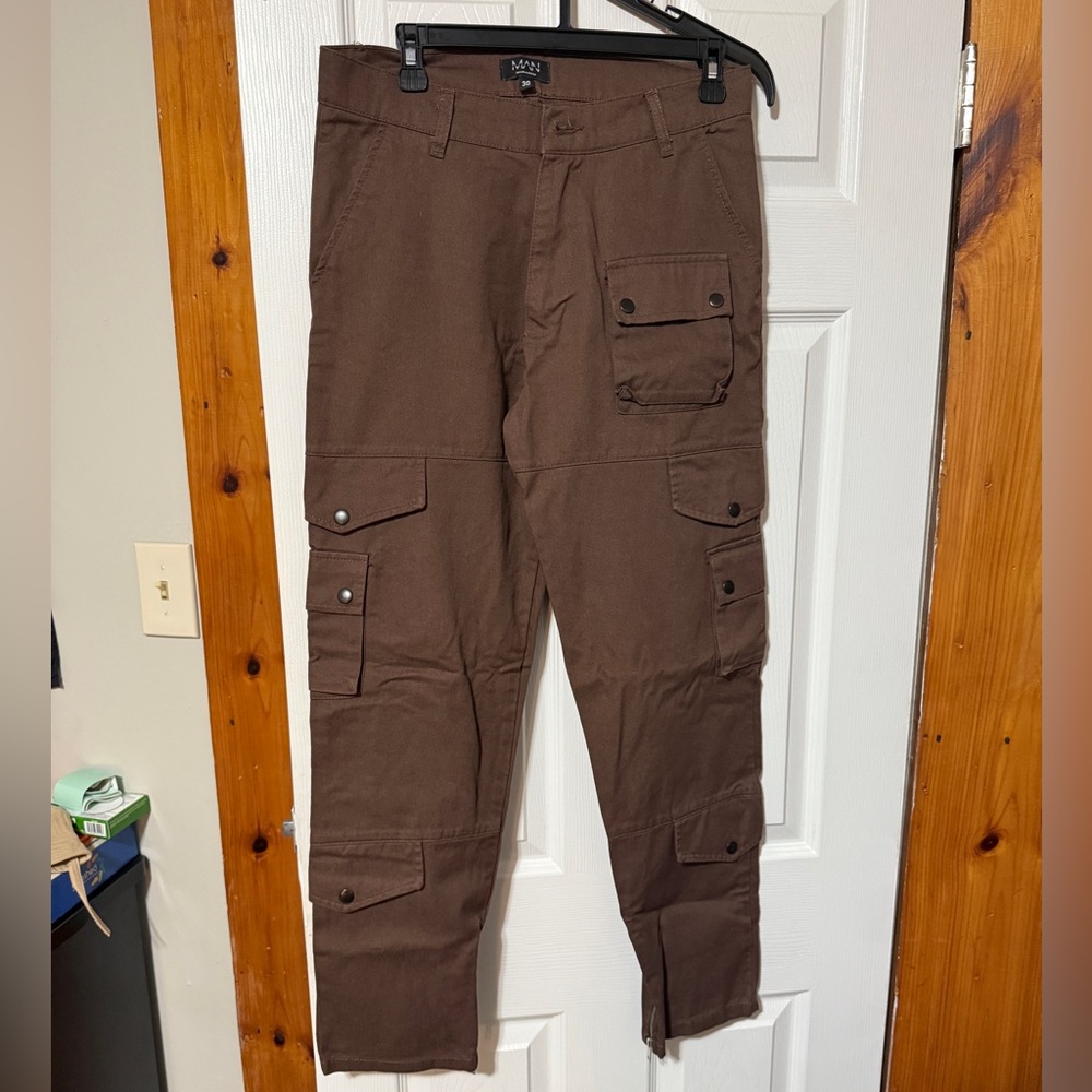 Boohoo Mens Dark Brown Cargo Pants